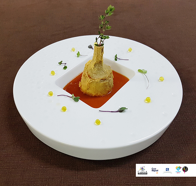 ALCACHOFAS RELLENAS DE TABERNERO ALMERIENSE SOBRE CREMA DE TOMATE RAF ALCACHOFAS RELLENAS DE TABERNERO ALMERIENSE SOBRE CREMA DE TOMATE RAF